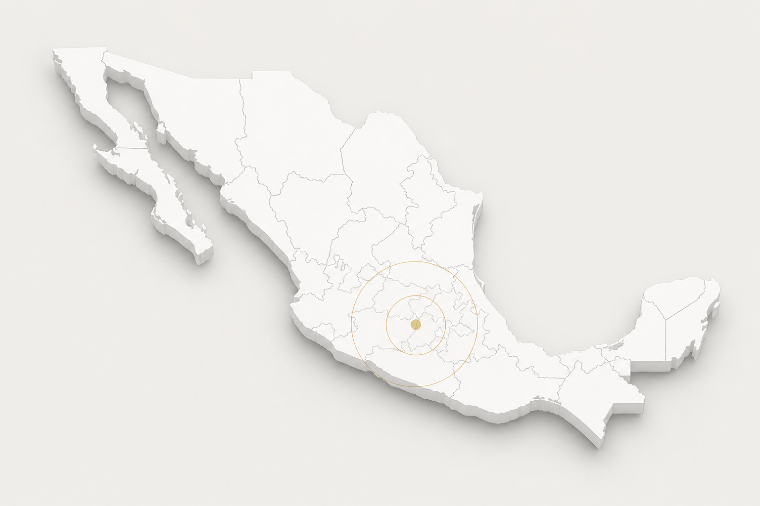 Mapa de M&eacute;xico con Quer&eacute;taro como punto central y radios de referencia de 200 y 400 kil&oacute;metros