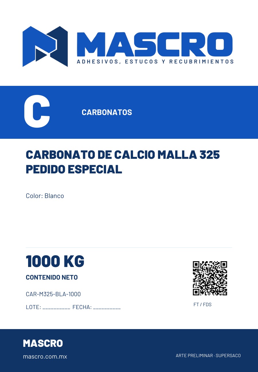 Empaque preliminar de Carbonato de calcio malla 325 pedido especial