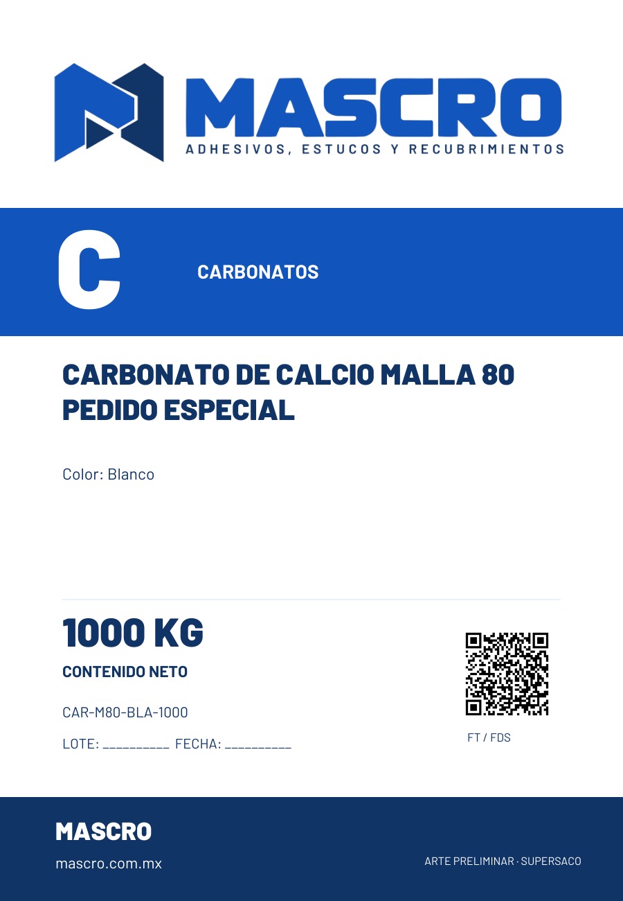 Empaque preliminar de Carbonato de calcio malla 80 pedido especial