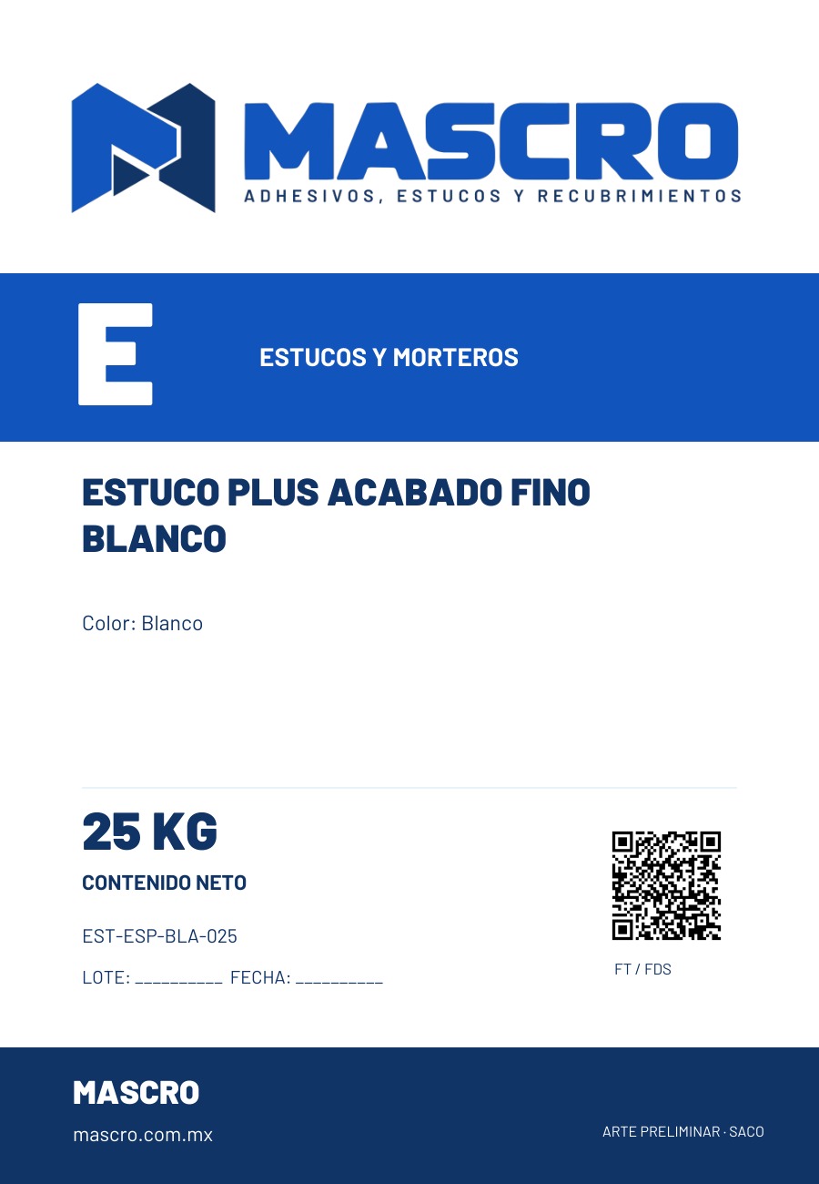 Empaque preliminar de Estuco Plus Acabado Fino Blanco