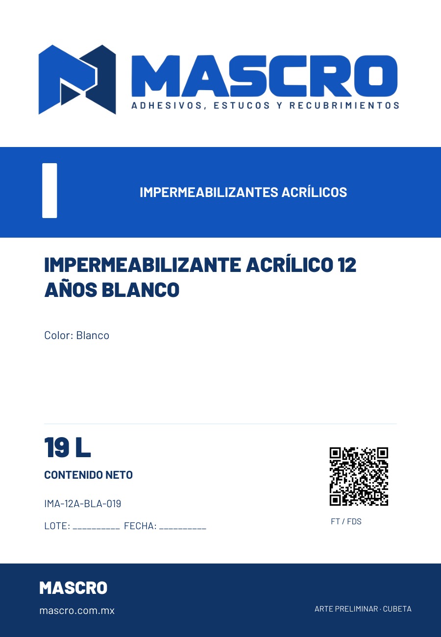 Empaque preliminar de Impermeabilizante acr&iacute;lico 12 a&ntilde;os blanco