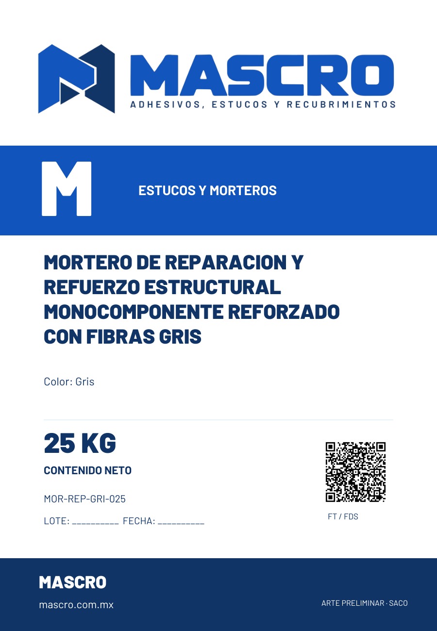 Empaque preliminar de Mortero De Reparacion Y Refuerzo Estructural Monocomponente Reforzado Con Fibras  Gris